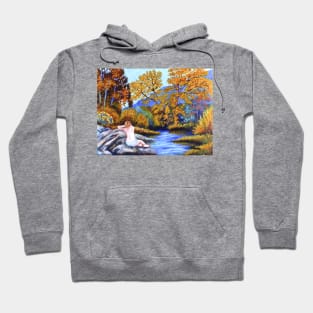 Woman girl on rocks relaxing watching the river flow zen yoga buddhism Hoodie